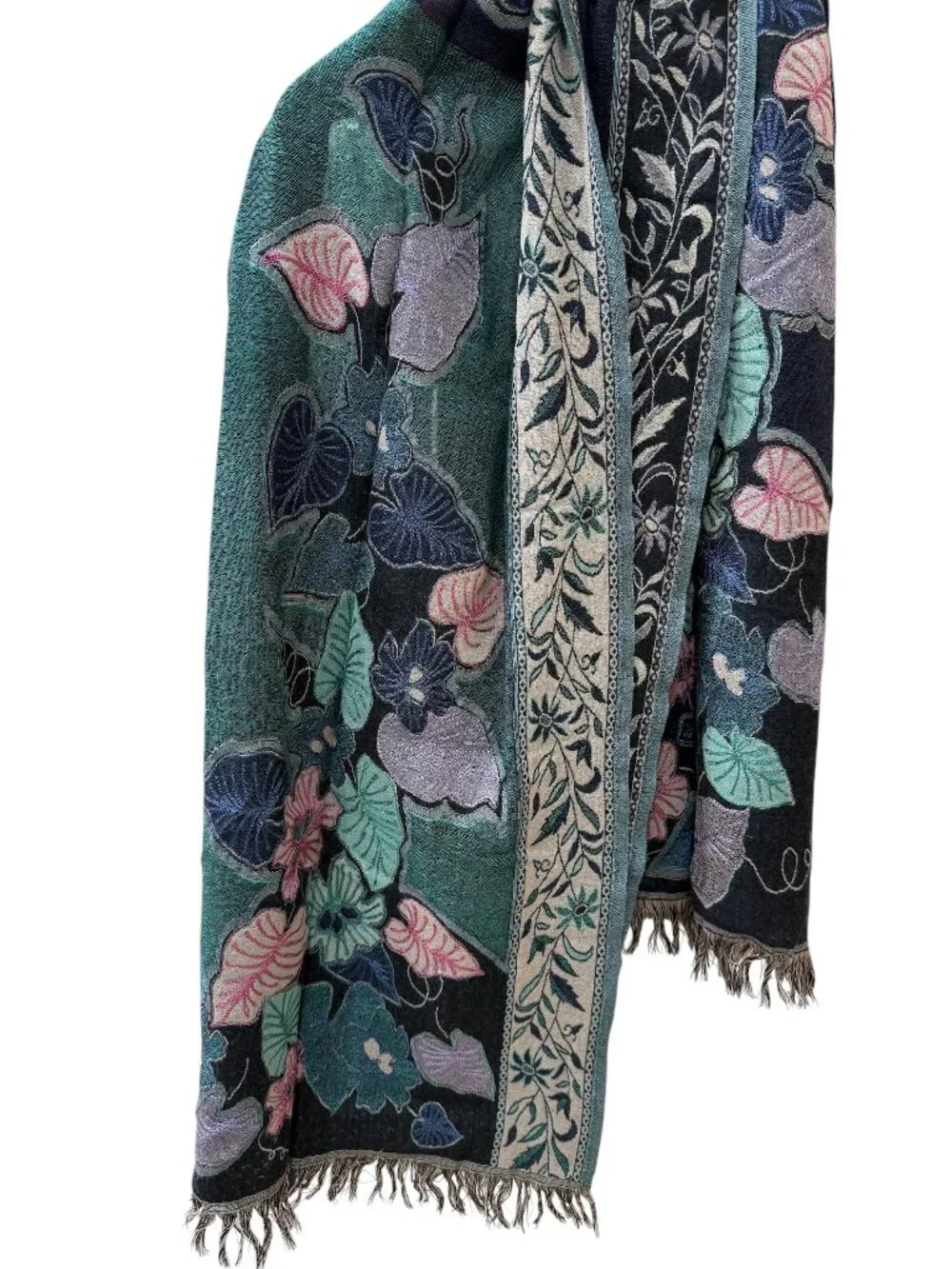 Teal Botanical Woven Scarf Fringe Tapestry Wrap Cozy